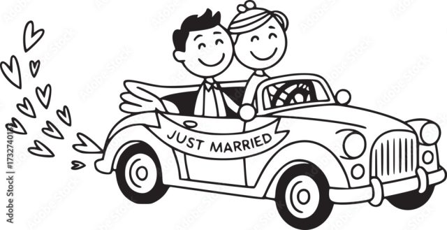 Happy Newlyweds Joyful Journey A Charming Line Art
