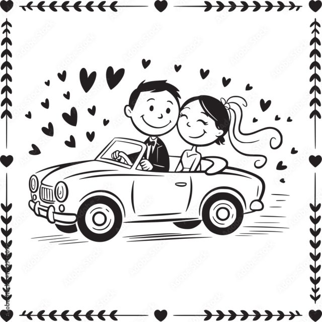 Just Married Couple In Car A Charming Cartoon