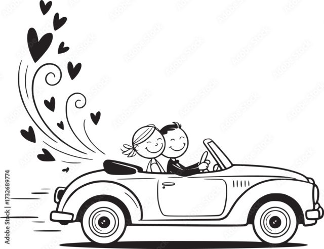 Couple's Romantic Getaway In Classic Car A Newlywed