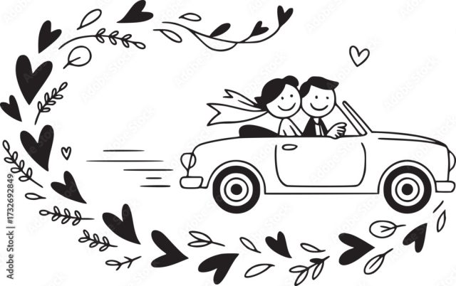 Romantic Getaway Illustration Of A Just-Married Couple Riding
