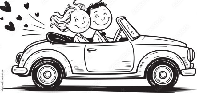 Wedding Ride With Hearts A Joyful Newlywed Couple