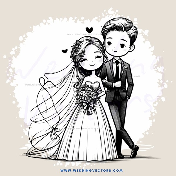 newlywed couple in black and white illustration