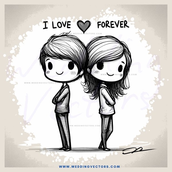 love and forever cartoon drawing in black and white