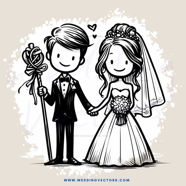black and white illustration of bride and groom holding hands with flowers