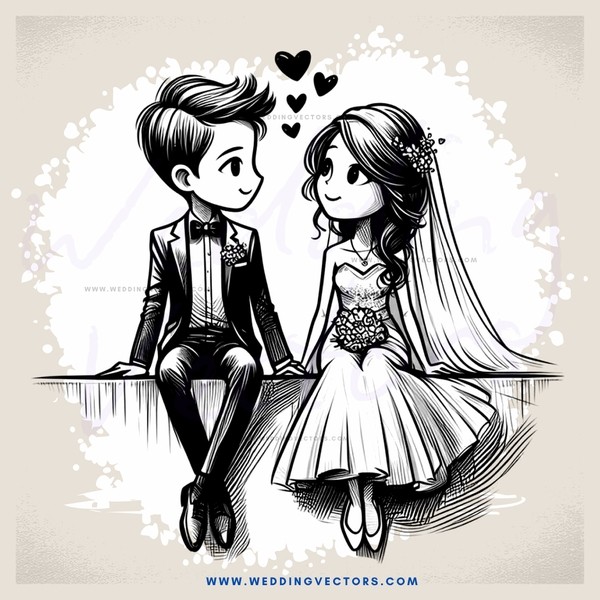 a bride and groom sitting on a bench with hearts over their heads