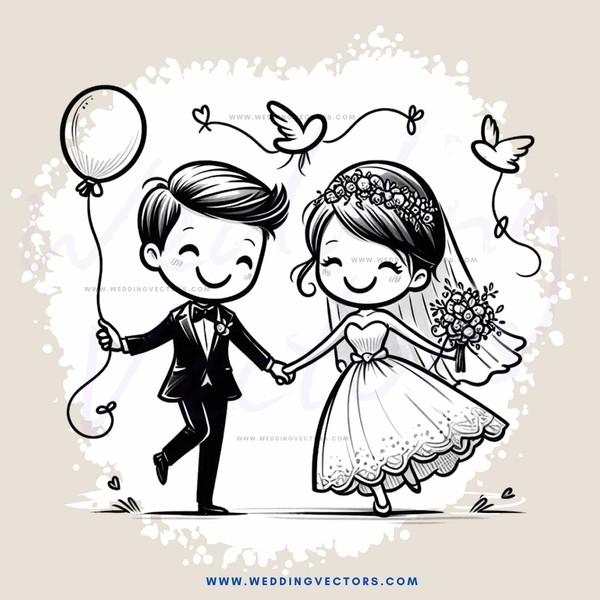 a wedding couple holding hands and flying a balloon