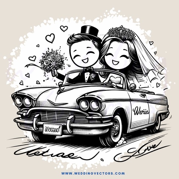 wedding car with couple and bouquet