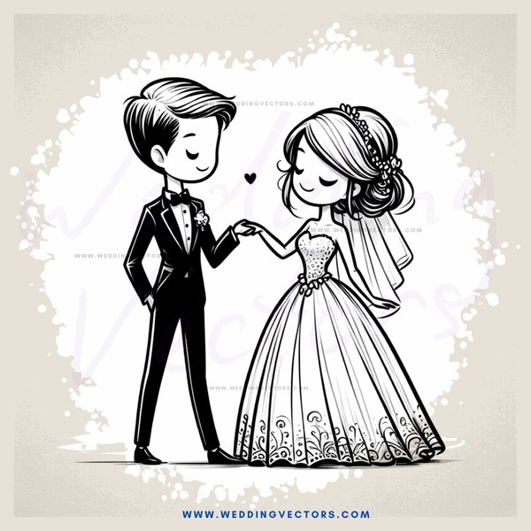 groom and bride holding hands in black and white cartoon