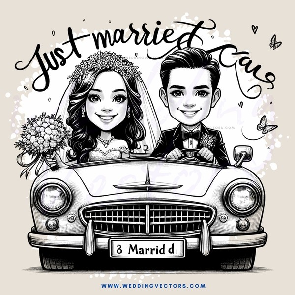 a just married cars poster in black and white