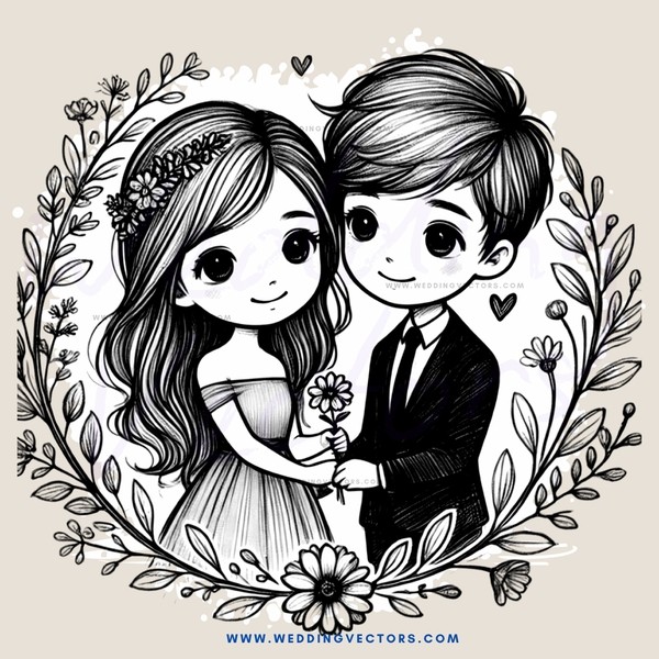 a boy and girl holding hands with flowers