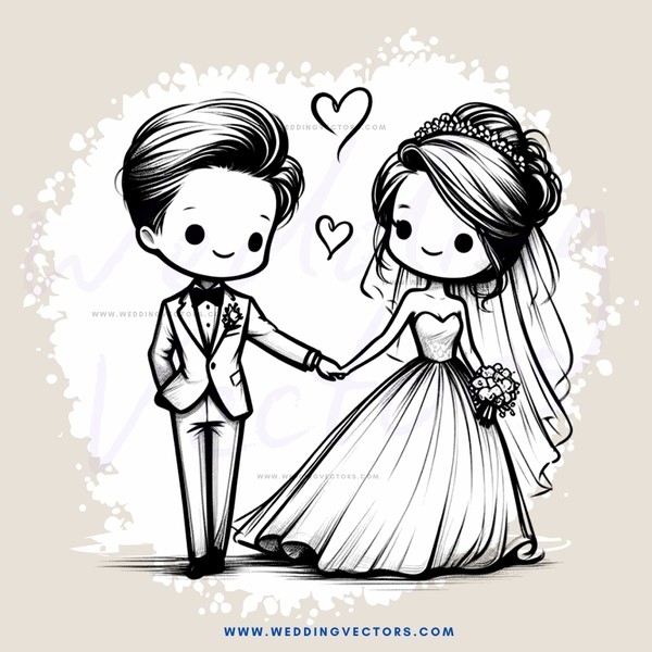 a black and white illustration of a bride and groom holding hands