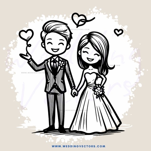 a bride and groom holding hands with hearts above them