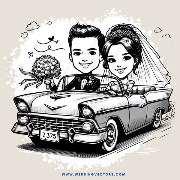 a cartoon depiction of a bride and groom in their car
