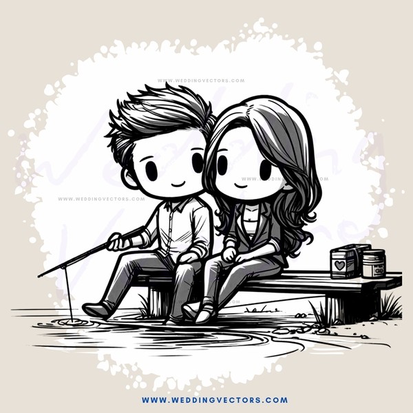 couple sitting on bench with fishing pole and items around them