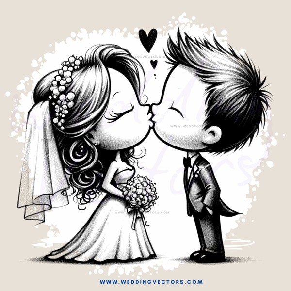 a bride and groom kissing in an illustration