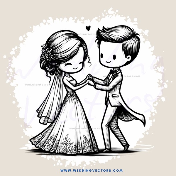wedding couple in black and white cartoon picture