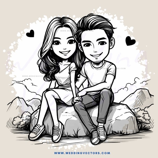 two people sitting on a rock in front of mountains