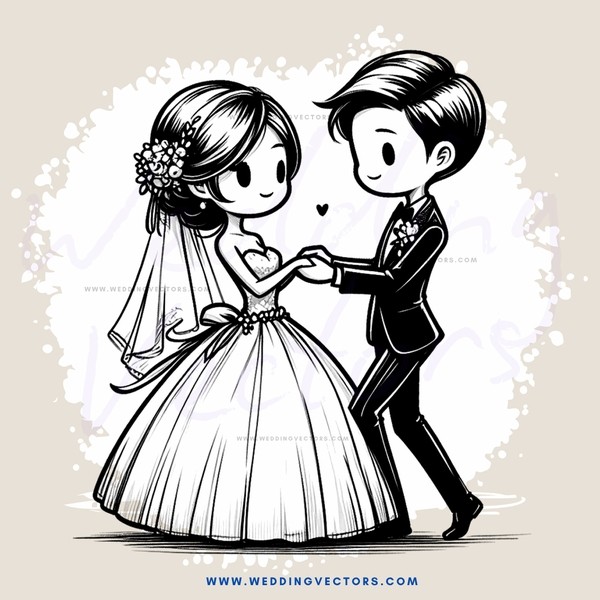 wedding bride & groom in black and white illustration