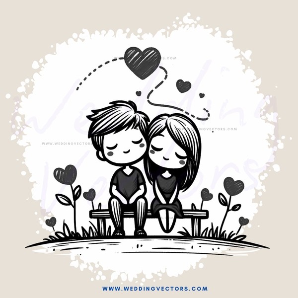 a couple sitting on a bench with hearts floating around them