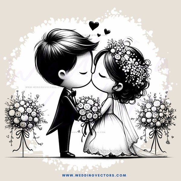 couple embracing with flowers and hearts