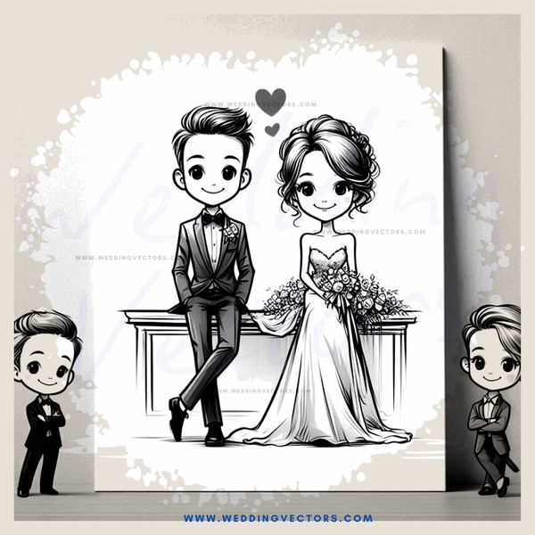 a wedding picture frame with cartoon people in it