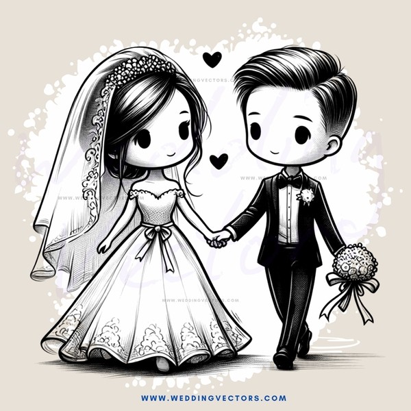 a bride and groom holding hands in black and white