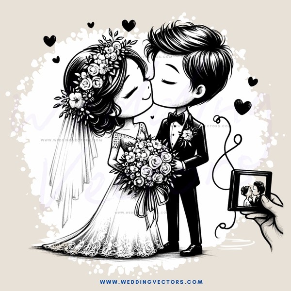 wedding couple's kissing embrace with heart doodles & photo of them