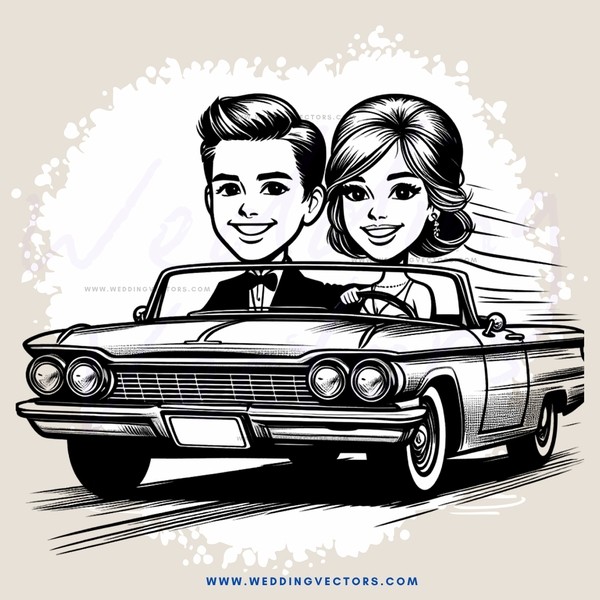 young couple in vintage car on road