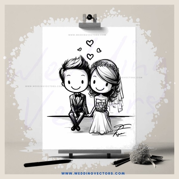 a bride and groom picture on blackboard with hearts drawn above them