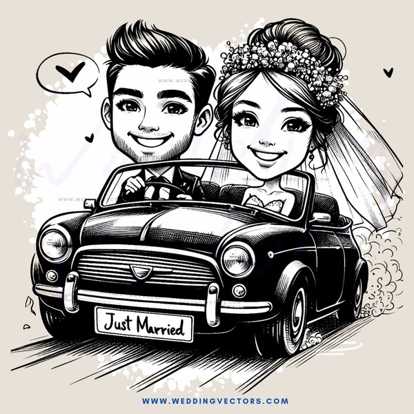 a caricature of a bride and groom in their wedding carriage