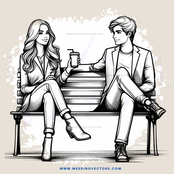 a couple sitting on a bench drinking coffee