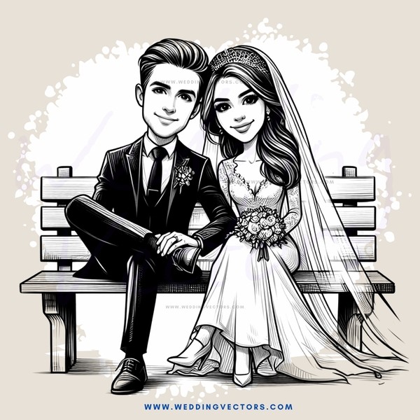 a bride and groom on a bench