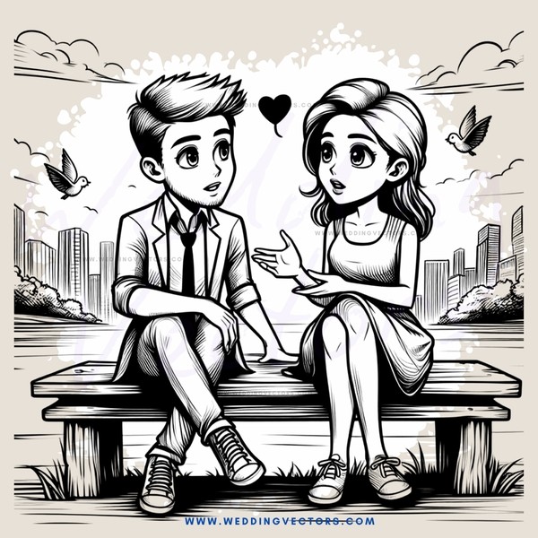 cartoon drawing of two people on a bench by cityscape with birds