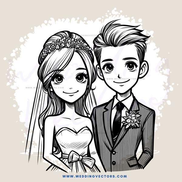 a bride and groom in black and white cartoon