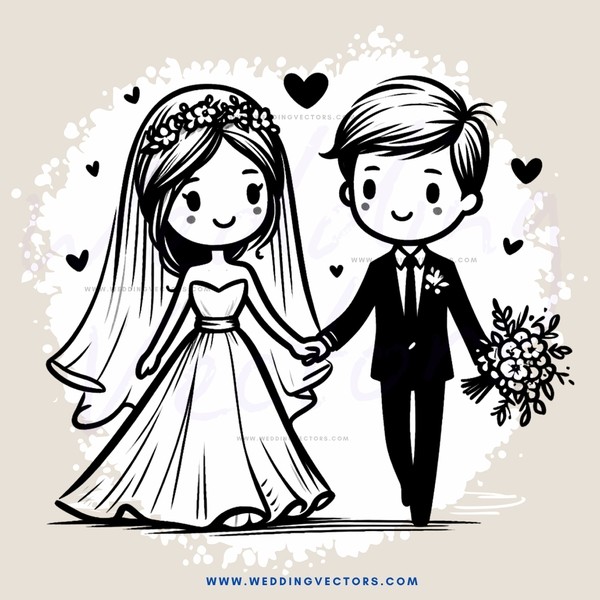 a bride and groom holding hands with bouquets