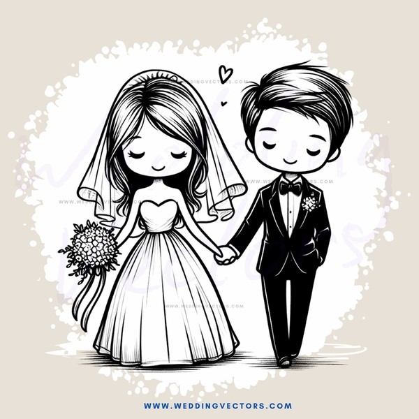 wedding couple in black and white illustration