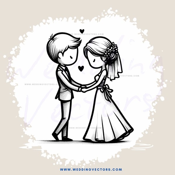 wedding couple embrace in black and white illustration