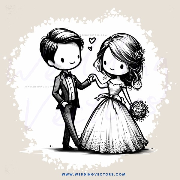 a bride and groom standing together with an arrangement on right side of picture