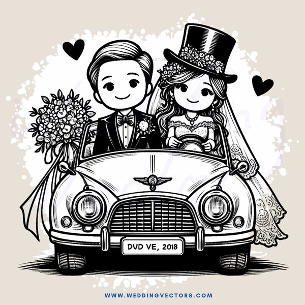 a black and white cartoon picture of a bride and groom in a vintage car