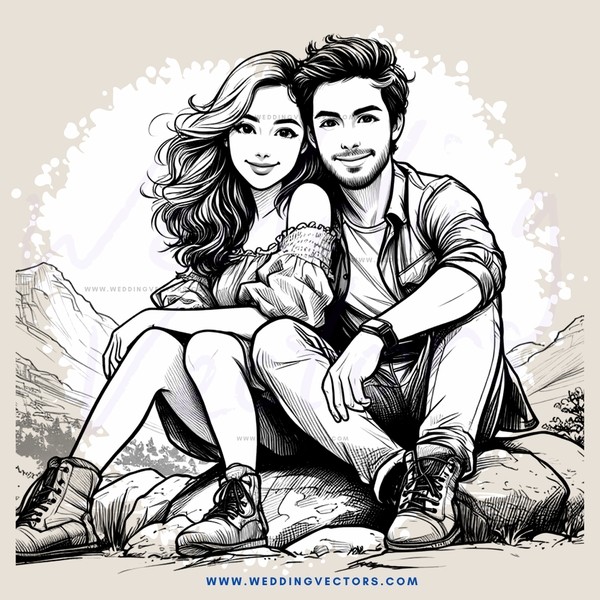 a couple sitting on rocks by mountains
