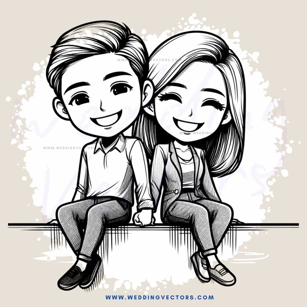 cartoon couple smiling with hands tied behind backs