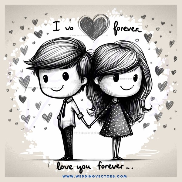 a boy and girl with love hearts around them