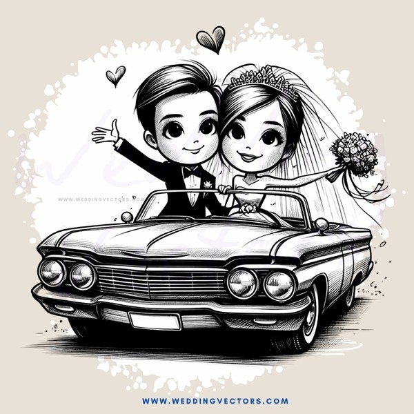 a bride and groom in a car with flowers