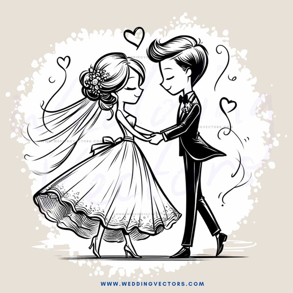 a bride and groom dance in wedding dresses
