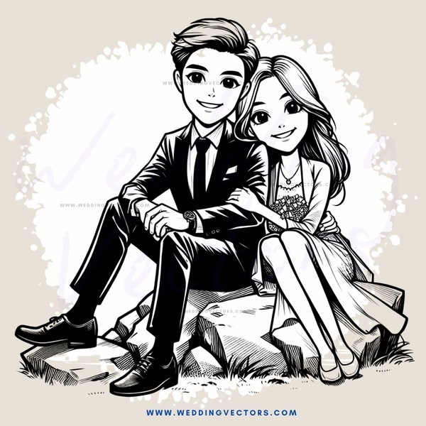 smiling boyfriend and girlfriend sitting on rocks