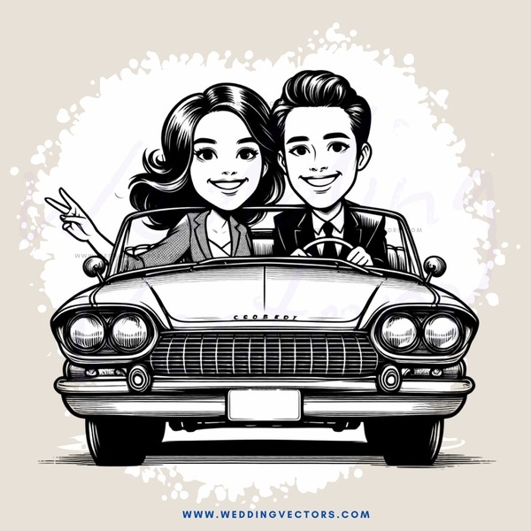 two people on a classic car
