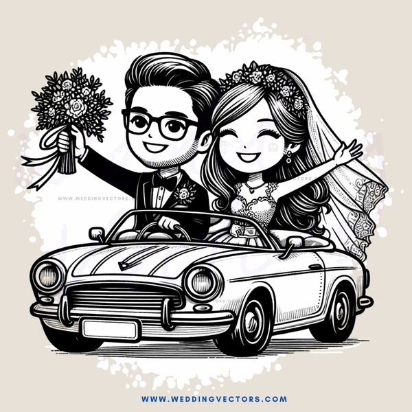 a bride and groom in a car with flowers