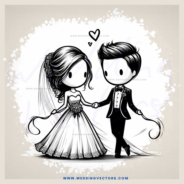 a bride and groom in wedding attire, smiling and looking upwards