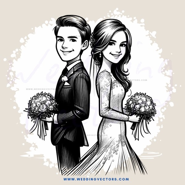the bride and groom in their wedding dresses
