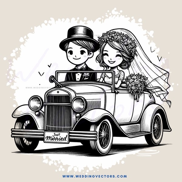 a couple in a vintage car, newly married
